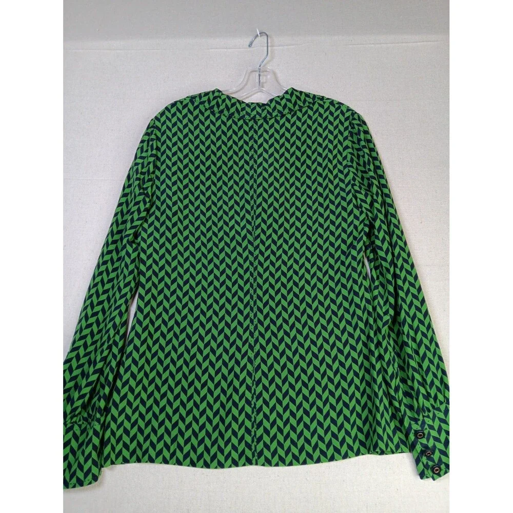 NWT Tory Burch Sydne Silk Blouse Size 6 Green Navy V-Neck Side Zip Long Sleeve